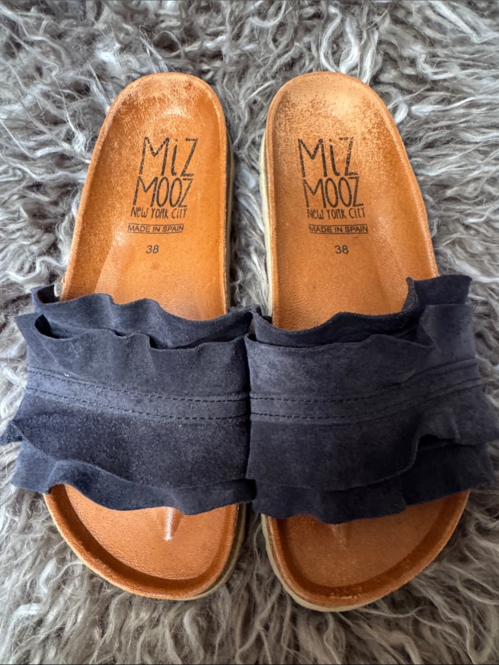Miz Mooz Navy Suede Ruffle Slide Mules